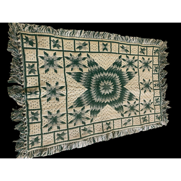 Green White Rug Scatter Dhurrie Star Quilt Pattern Amish Country Look 22"x38" - Picture 2 of 12